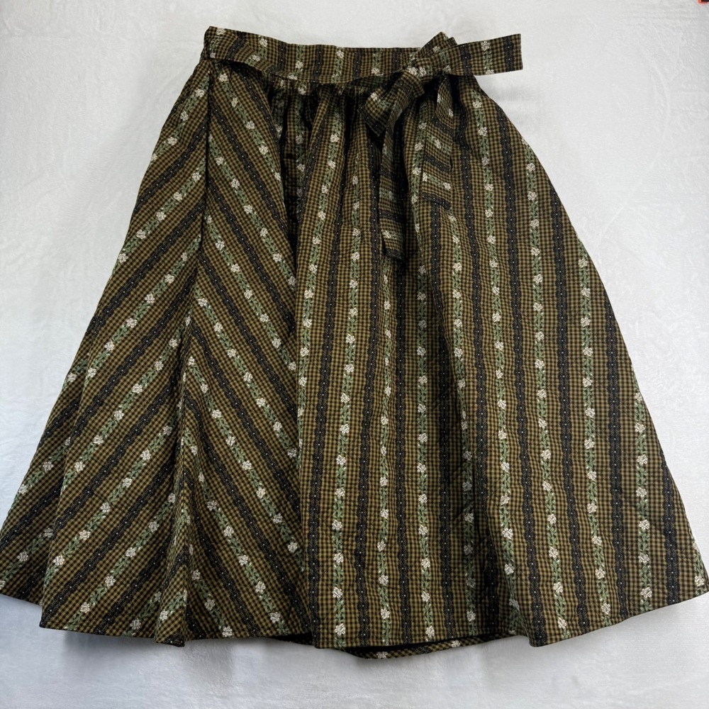 Loeffler Randall XL Skirt Quilted Gingham Floral Stripe Brown Yellow Midi Tie - Picture 1 of 14